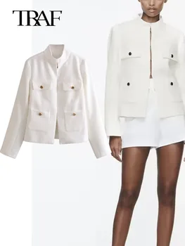 TRAF 2023 Весна-осень, женский текстурированный Блейзер с воротником-стойкой, куртка, пальто, Винтажные тонкие топы с длинными рукавами для поездок на работу