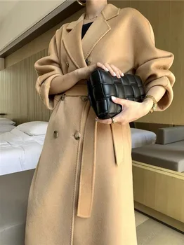 2023 Новое высококачественное двустороннее шерстяное пальто Женское с поясом, шерстяные пальто с лацканами длинной длины