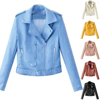 Сигутан, Осеннее новое женское велосипедное пальто, Кожаная верхняя одежда с отворотом и длинным рукавом, куртка на молнии и пуговицах, женское короткое пальто