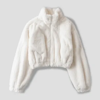 2023 Осень-зима, женские шерстяные куртки, свободная короткая куртка из искусственной шерсти на молнии, плюшевое пальто-бомбер из искусственного кроличьего меха, женские короткие пальто