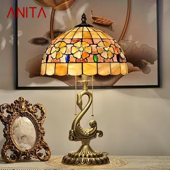 Современная латунная настольная лампа ANITA LED European Tiffany Shell Decor Ретро Медные настольные лампы для дома, гостиной, спальни
