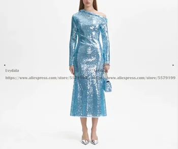 Женское Платье Lvydala С Длинным Рукавом И Блестками Небесно-Голубого Цвета