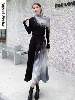 Новый женский плиссированный комплект из двух предметов Miyake контрастного цвета, топ с длинным рукавом + платье в пол, модные женские туфли