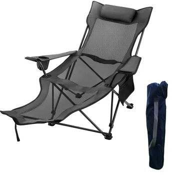 Складной походный стул грузоподъемностью 330 фунтов с сетчатым шезлонгом для ног, подстаканником и сумкой для хранения, серый