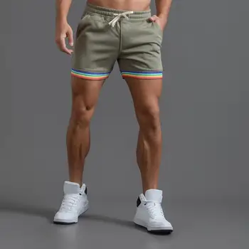 Мужские шорты с эластичным поясом средней посадки Спортивные шорты с карманами на шнурках Радужные манжеты Баскетбольные шорты Спортивные штаны для фитнеса и бега