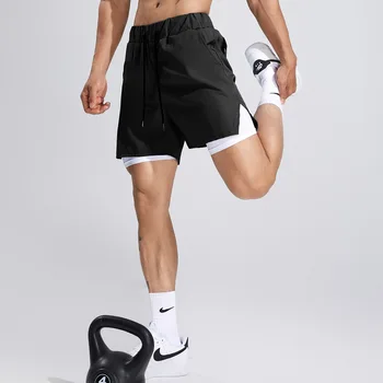 Новые мужские летние повседневные брюки для бега с приливным течением на открытом воздухе 2 в 1, высокоэластичные спортивные дышащие шорты для фитнеса
