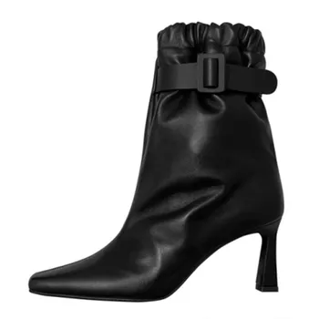 Женские новые модные эластичные короткие ботинки с квадратной пряжкой для ремня, ботильоны на тонком высоком каблуке, европейские и американские женские ботинки