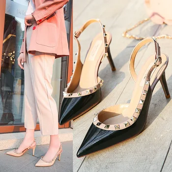 Сандалии Женские Летние 2023, Пикантные босоножки на высоком каблуке во французском стиле, женские дизайнерские сандалии с полыми заклепками, женские сандалии на каблуке