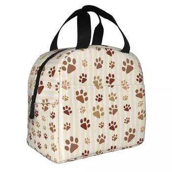 Bolsa de almuerzo aislada con patrón de pata de perro marrón para mujer, Enfriador de huellas de animales portátil, caja Bento t