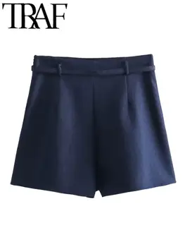 TRAF Tienda 2023 Женские модные шорты с поясом в тон, повседневные тонкие шорты на молнии спереди, летние шорты Ropa
