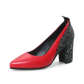 QPLYXCO/ 2023 г. женские туфли-лодочки из лакированной искусственной кожи с острым носком на высоком массивном каблуке с блестящими побрякушками, туфли на шпильке для свадебной вечеринки, женские туфли
