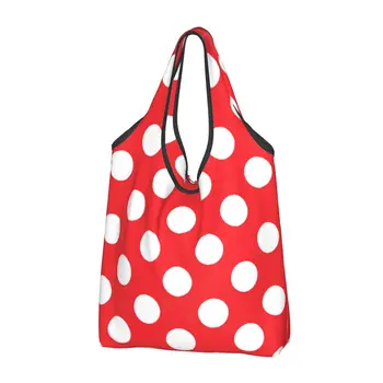 Женская повседневная сумка через плечо в красно-белый горошек, сумка-тоут большой емкости, портативная сумка для хранения, складные сумки