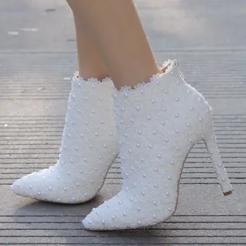 Crystal Queen Пикантные модные Белые кружевные женские ботинки для выпускного вечера, Свадебное платье, женская обувь