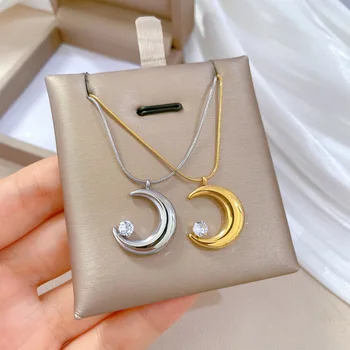 Ожерелья с подвеской в виде Луны и Циркона из нержавеющей стали для женщин и девочек, Простые Элегантные Аксессуары, подарки