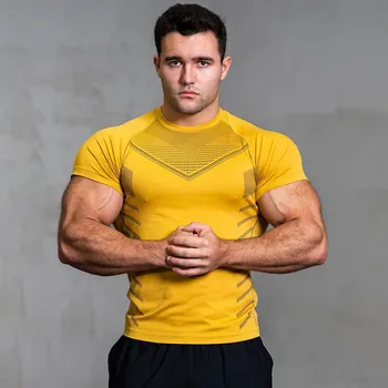 Спортивная футболка мужская летняя быстросохнущая эластичная облегающая американская тренировочная одежда с круглым вырезом для бега на открытом воздухе, одежда для фитнеса