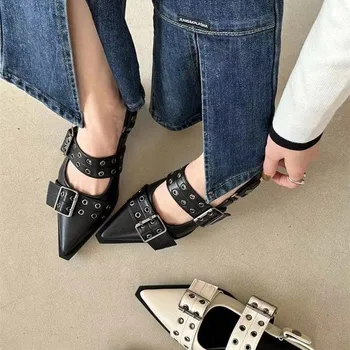 Женские туфли-лодочки на толстом каблуке с заклепками в уличном стиле, Винтажные повседневные сандалии на среднем каблуке, весна-лето