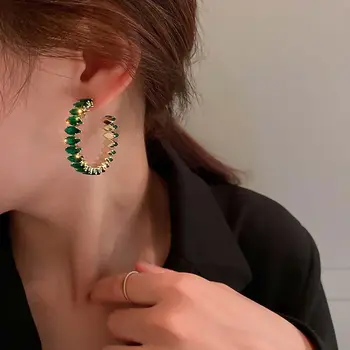 Блестящие Повседневные Круглые Зеленые бриллианты, Овальные женские серьги с серебряной иглой 925 пробы, серьги-кольца в Корейском стиле