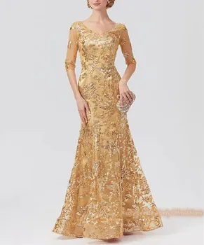 Длинные вечерние платья для свадеб, женское вечернее платье со средними рукавами с золотой кружевной аппликацией, арабское платье для выпускного вечера, халат