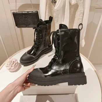 Размер 35-42, Женская обувь, осень-зима, новые короткие ботинки на платформе из натуральной кожи, дизайнерская обувь на толстом каблуке в стиле пэчворк