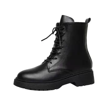 Повседневные зимние ботильоны для женщин, теплая обувь, водонепроницаемая черная обувь на шнуровке с круглым носком, Мотоциклетные ботинки на платформе A30