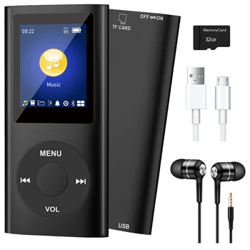 MP3-плеер с Bluetooth 5.0, Музыкальный плеер с 32 ГБ TF-картой, FM, Наушники, Портативный Музыкальный плеер HiFi (черный)