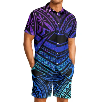 Полинезийская племенная Гавайская татуировка с тотемом, Гавайские принты, Мужские пляжные фиолетовые шорты с коротким рукавом, костюмы из комфортных полиэфирных тканей