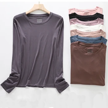 Женская футболка с длинными рукавами, офисные женские футболки 2023, осень-зима, однотонный пуловер, женская повседневная одежда с узким низом