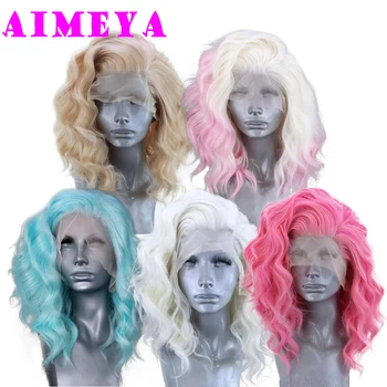 Синтетические парики AIMEYA с кружевной отделкой спереди, короткий парик Боб для женщин, синтетический парик из платиновой блондинки, синий омбре, Розовый короткий парик БОБ