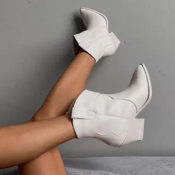 Винтажные бежевые ковбойские сапоги по щиколотку для женщин на квадратном каблуке 2023 г., отличное качество, пинетки в стиле вестерн в стиле ретро, обувь с острым носком