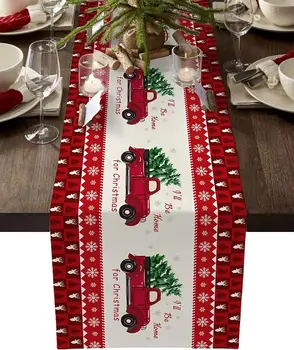 Рождественский Красный Грузовик, Льняные скатерти, Комод, Шарфы, декор стола, обеденный стол в фермерском доме, рождественские украшения на День рождения