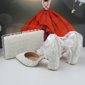 Комплект вечерних туфель и сумки White Flower Bridals, женская обувь для вечеринок на толстом каблуке с острым носком, обувь и сумка с неглубоким ремешком на щиколотке