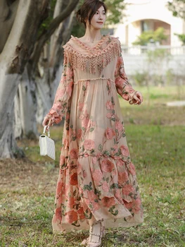 Весенняя Новая женская одежда из шелка с капюшоном и кисточками, с объемной цветочной вышивкой, Элегантное длинное женское платье одного размера