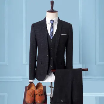 Демисезонный Элегантный Повседневный мужской костюм-тройка, пальто, брюки, жилет, деловые платья для жениха, Черный, серый, Синий блейзер, мужской костюм для одежды