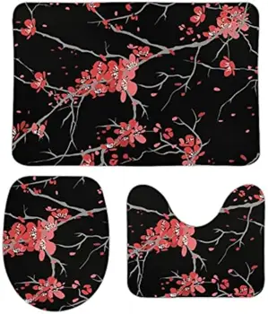 Розово-красные цветы вишни на черном коралловом бархате, Мягкий нескользящий коврик для ванной комнаты из 3 предметов, U-образные коврики O-образной формы